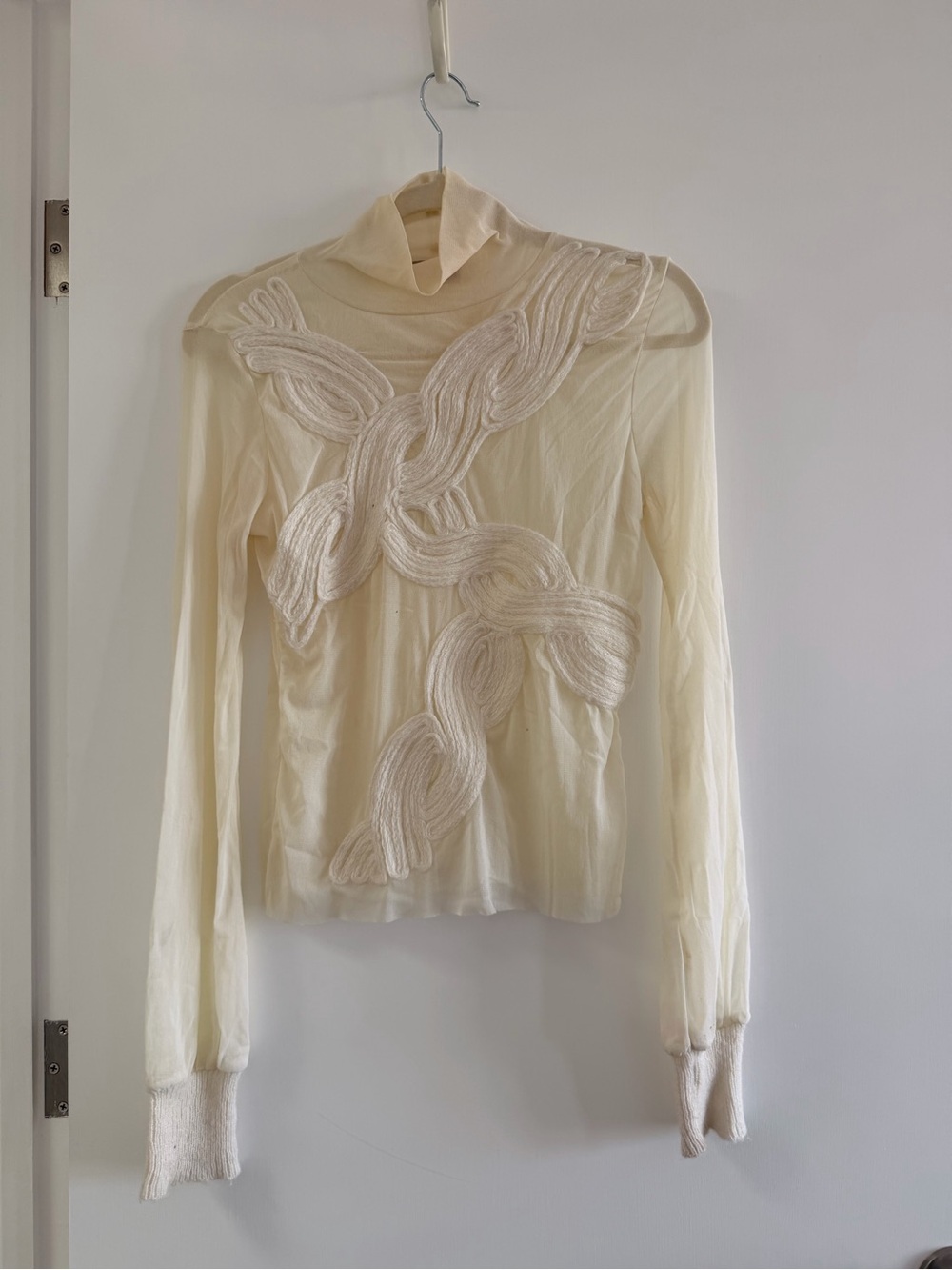 Vintage Sheer Cream Long-Sleeve Turtleneck with Braided Appliqué